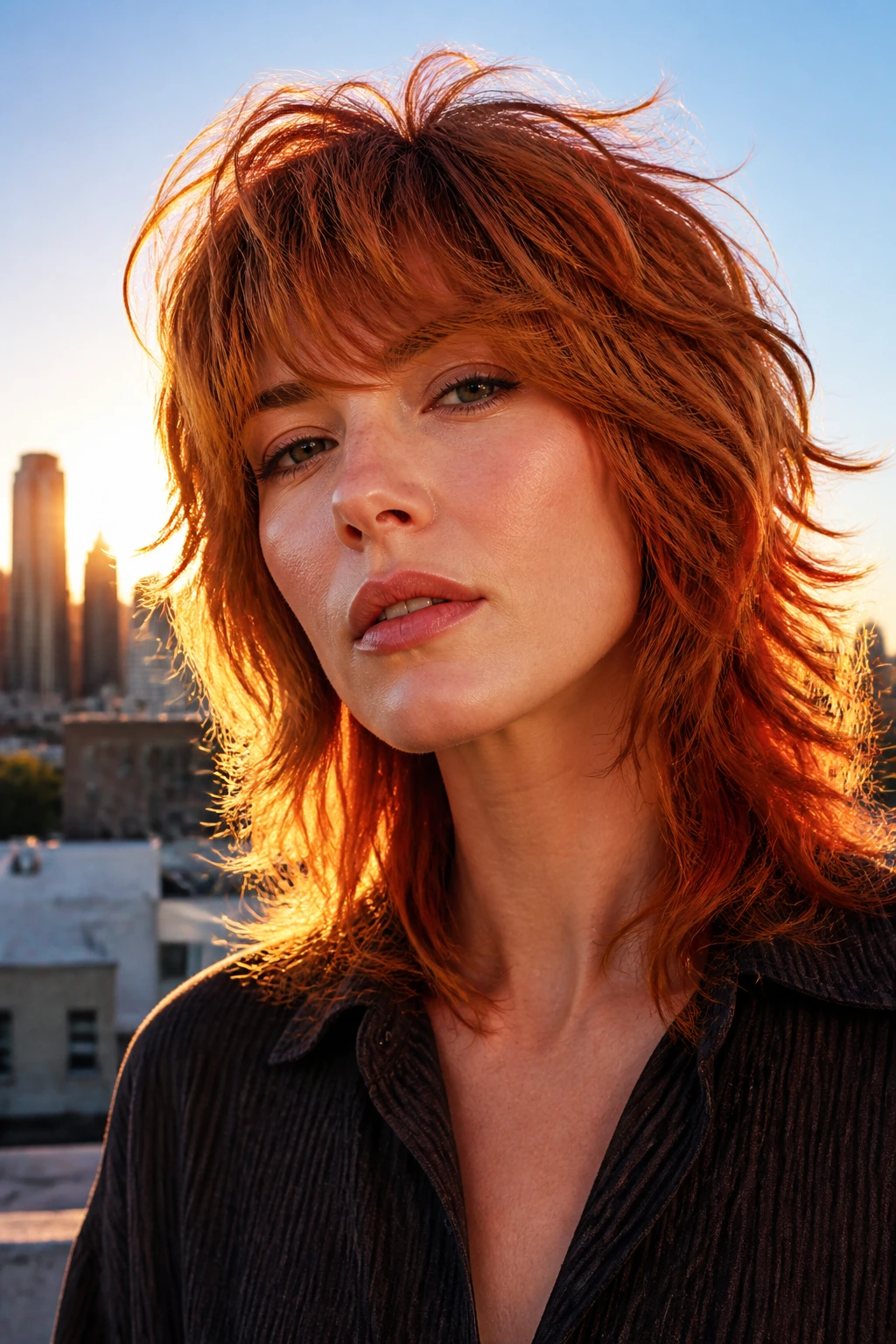 Close-up of a woman with textured shag red hair in golden hour light