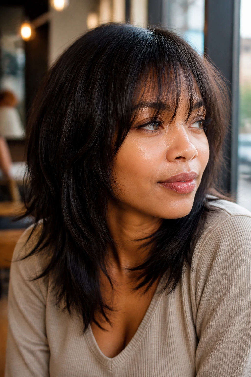 Real woman with textured shag and wispy bangs
