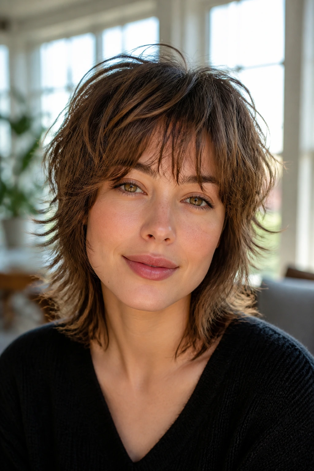 Real woman with textured shag and wispy fringe in a sunlit living room.