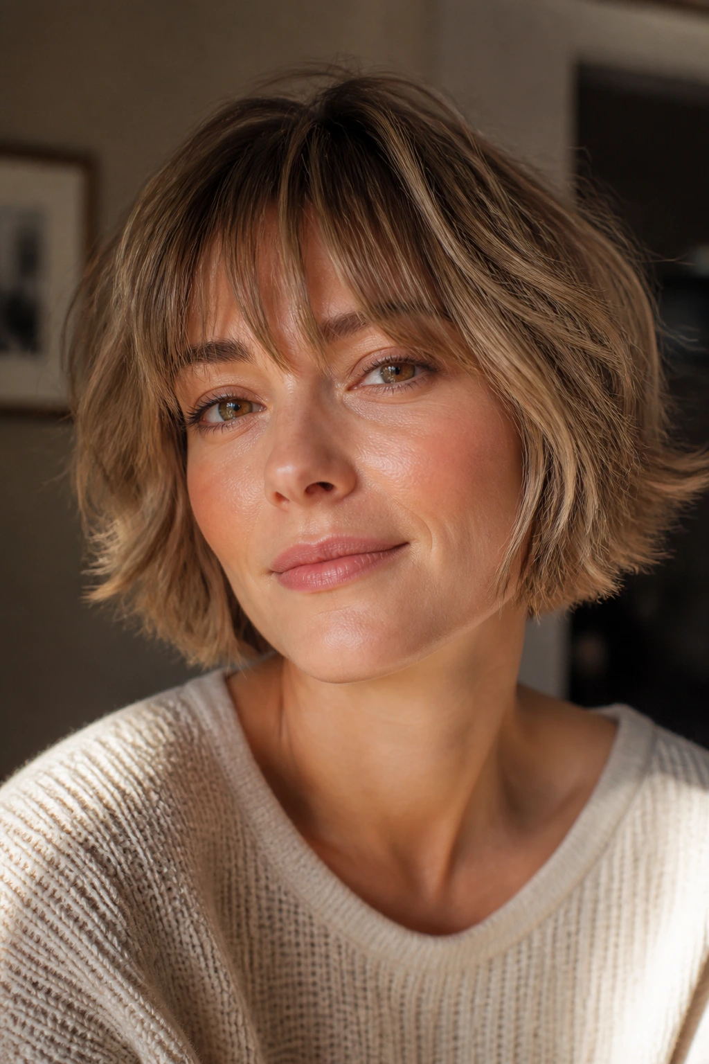 Portrait of a woman with textured shaggy bob and soft fringe brushing brows