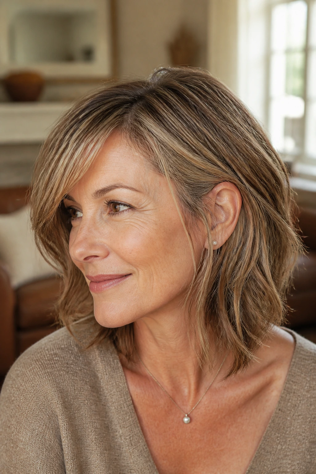 Close-up of a real person with textured shoulder-length hair and baby lights in warm light.
