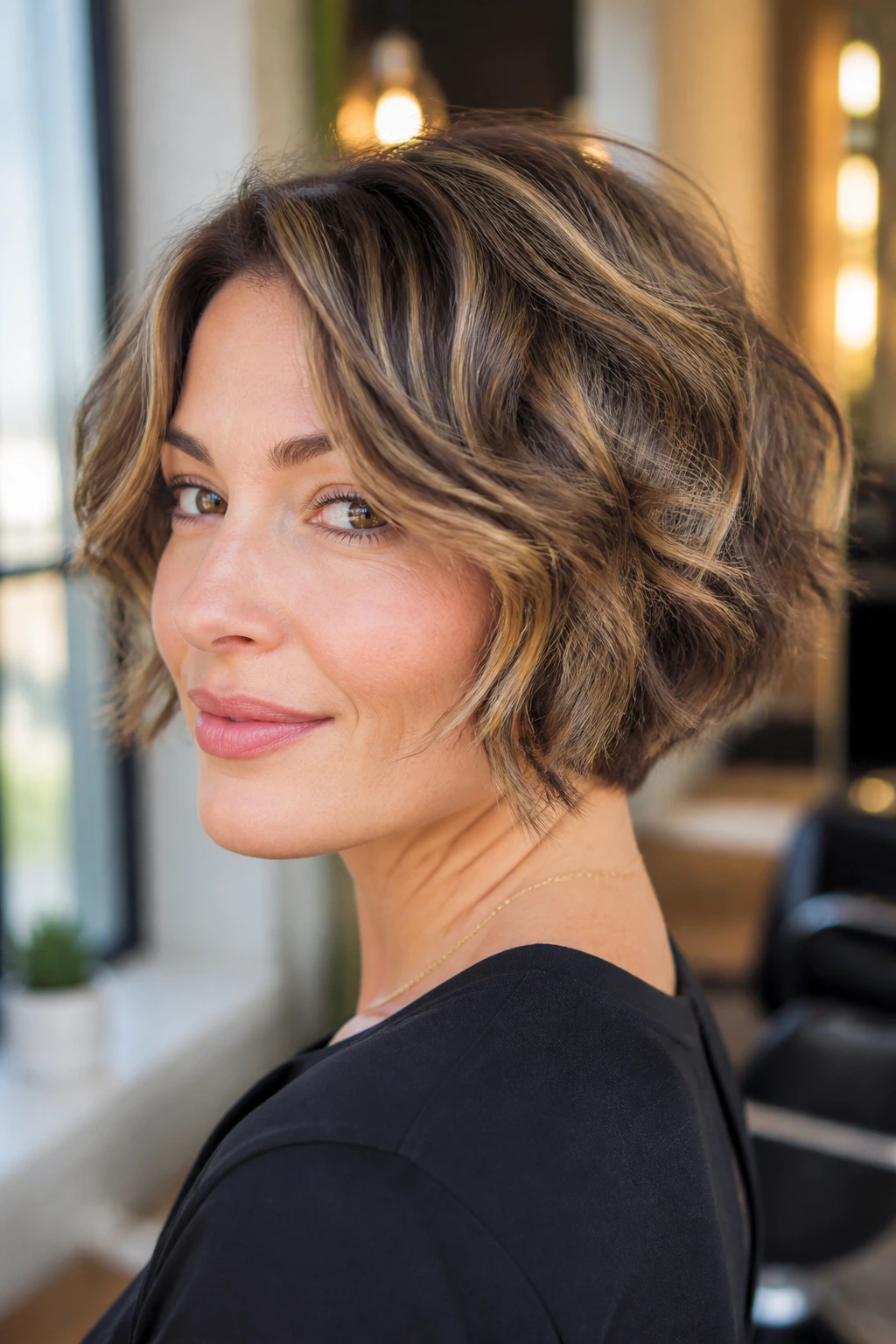 Close-up portrait of a real woman with textured stacked bob and waves in warm salon light