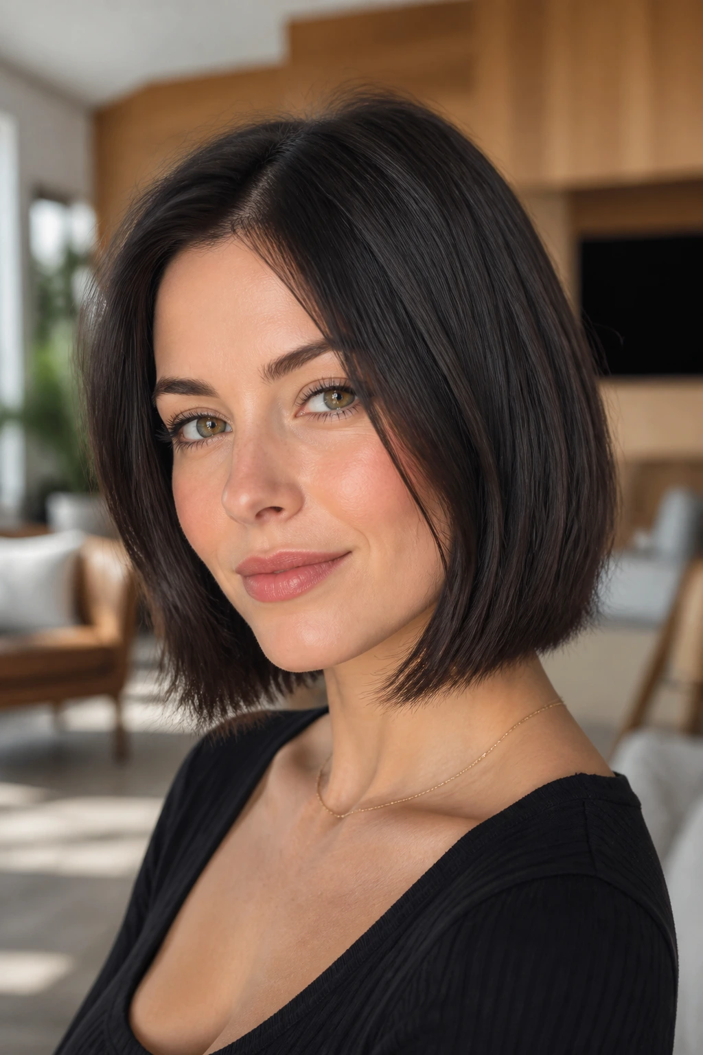 Close-up portrait of a real woman with a textured-but-straight bob.