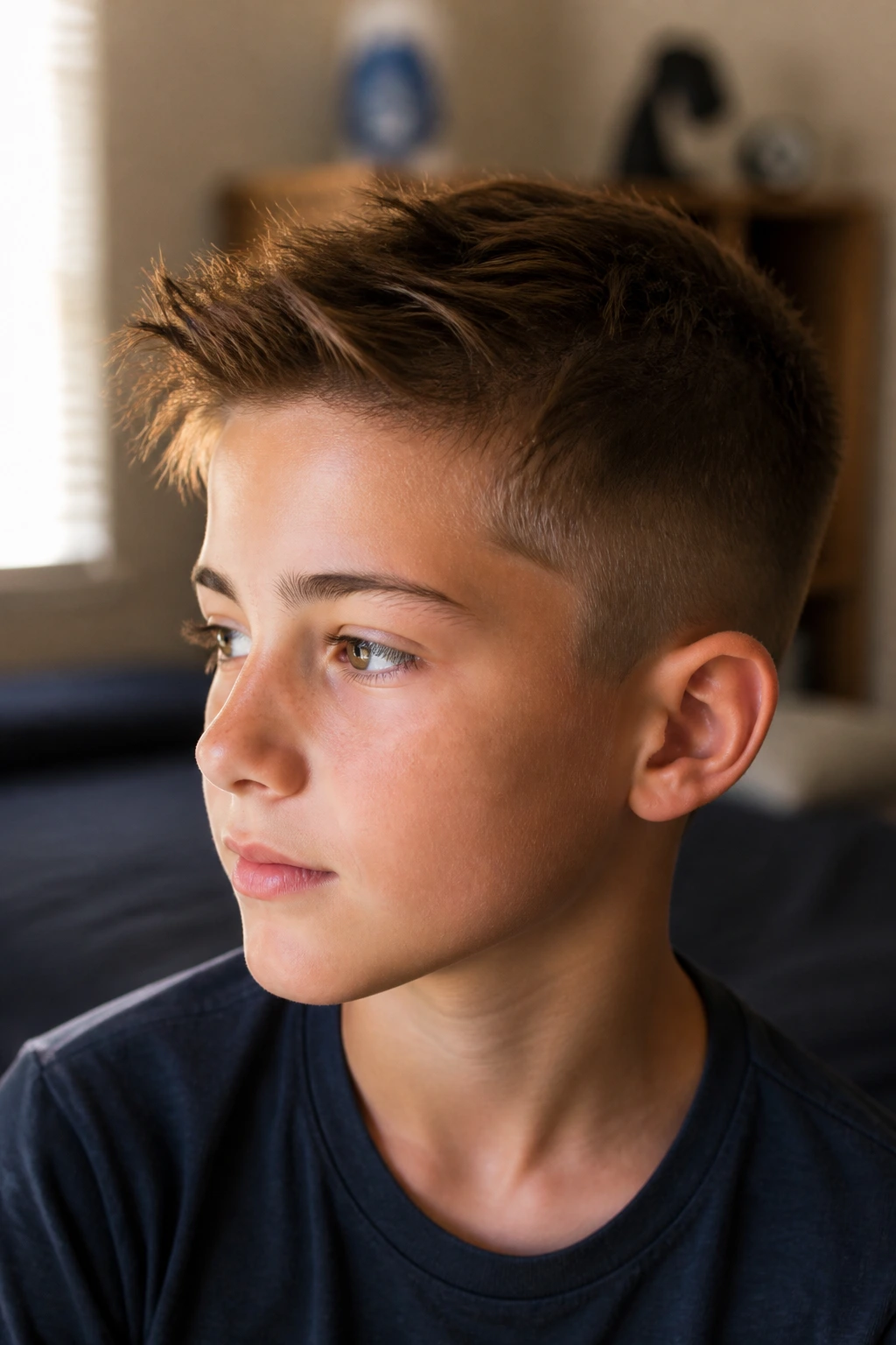 Portrait of a boy with a textured top hairstyle.