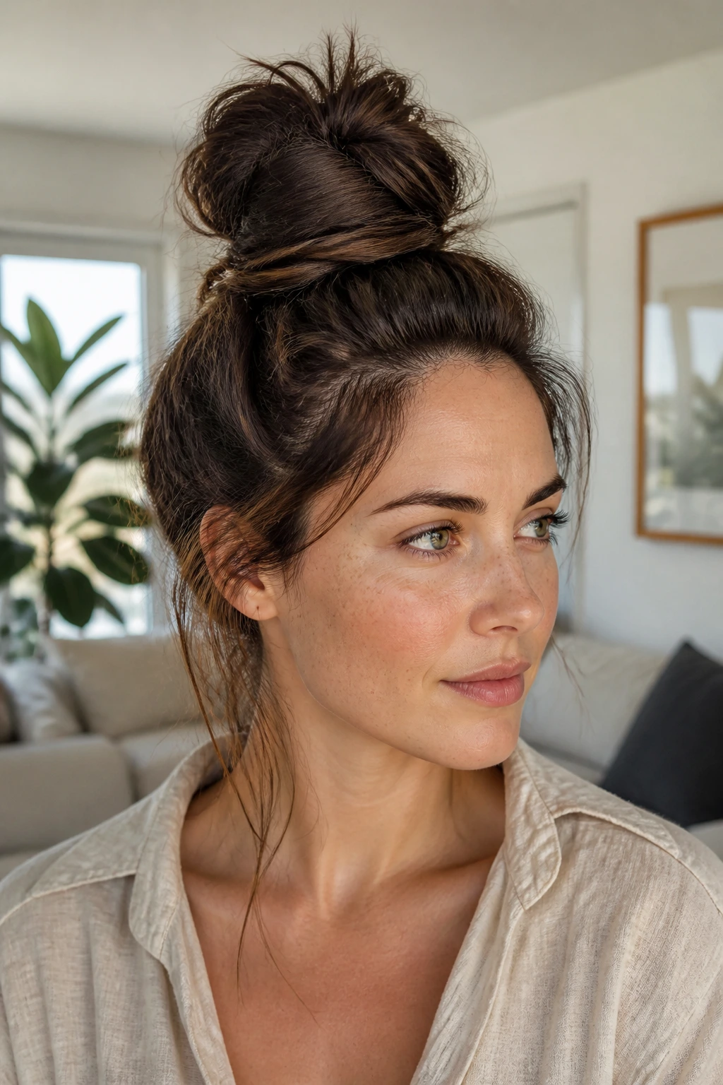 Real woman with textured top knot and soft finish