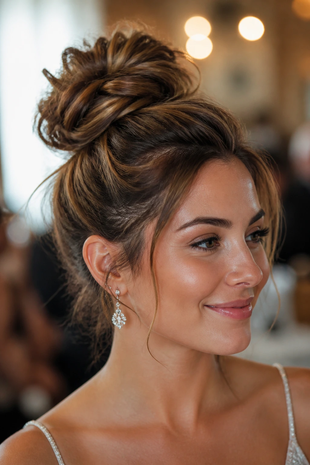 Close-up of a real woman wearing a textured top knot