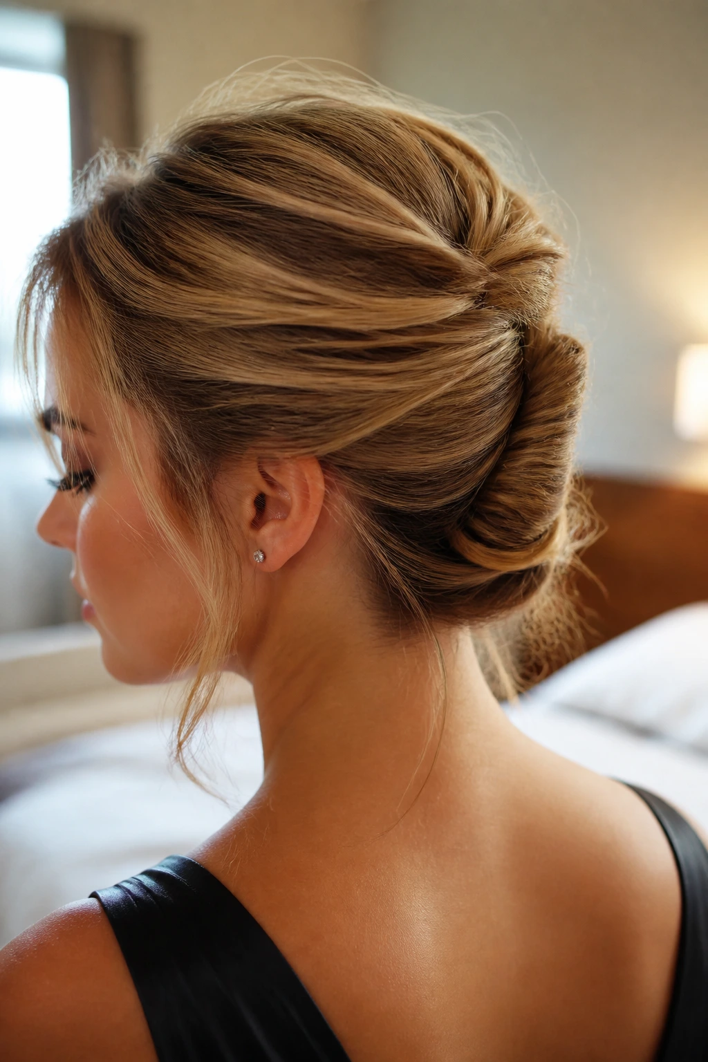 Close-up of a woman with a textured French twist for fine hair, diagonal lift and soft wisps