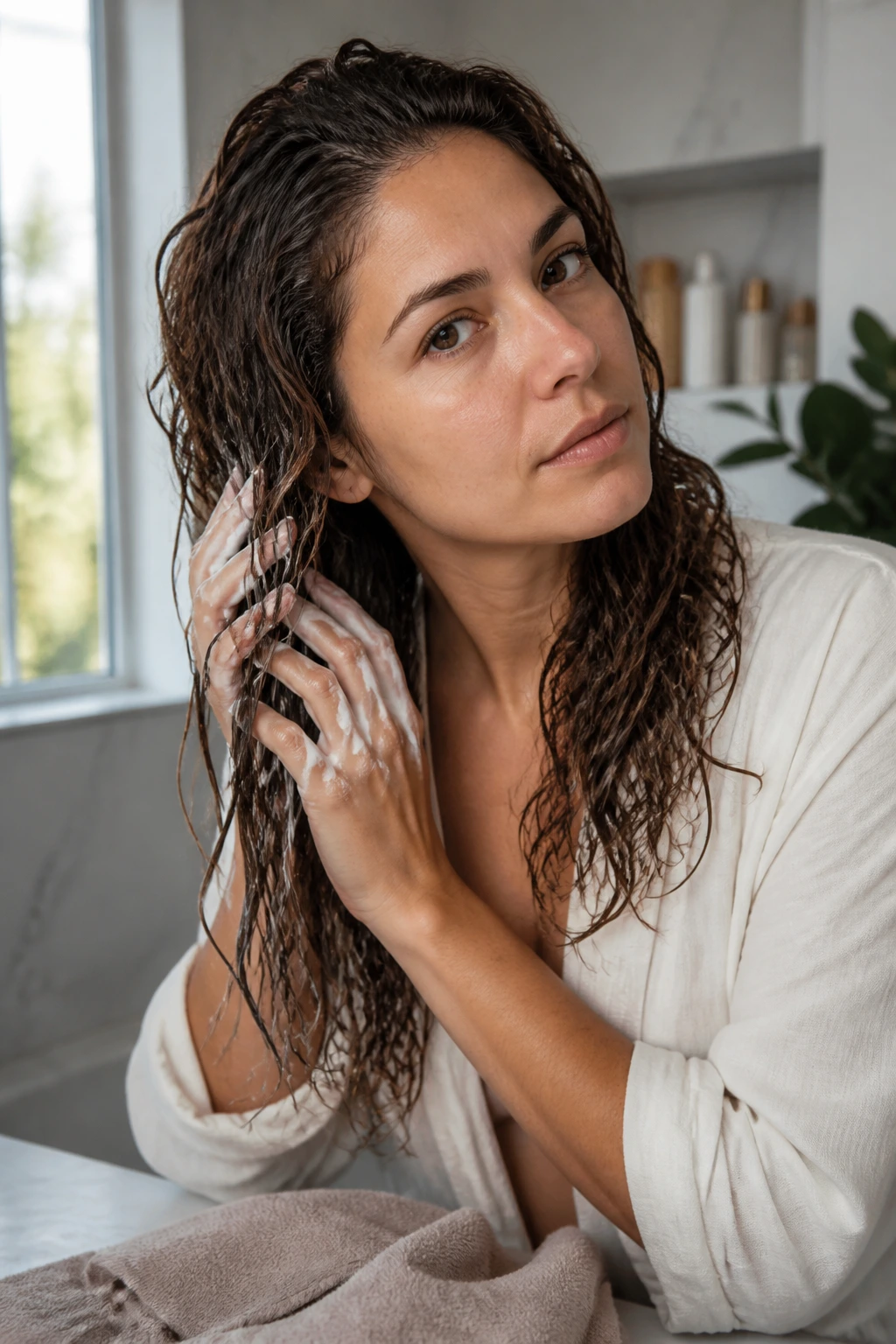 Close-up of a real woman with damp hair scrunched into textured waves.