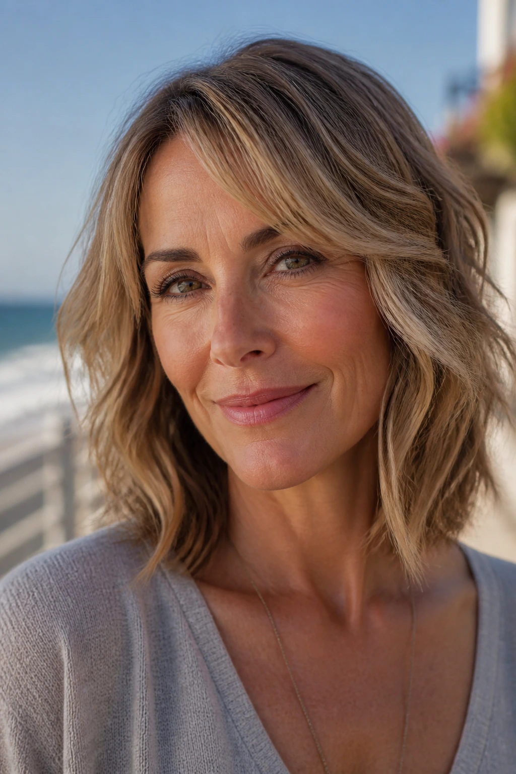 Real woman with textured waves and piecey ends on shoulder-length hair.