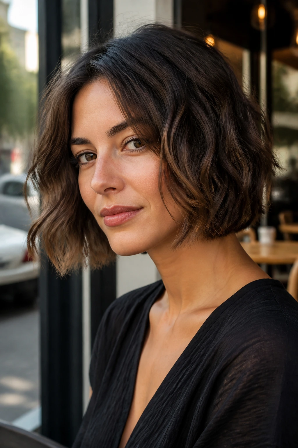 Close-up portrait of a real woman with a textured wavy bob in daylight outdoors.