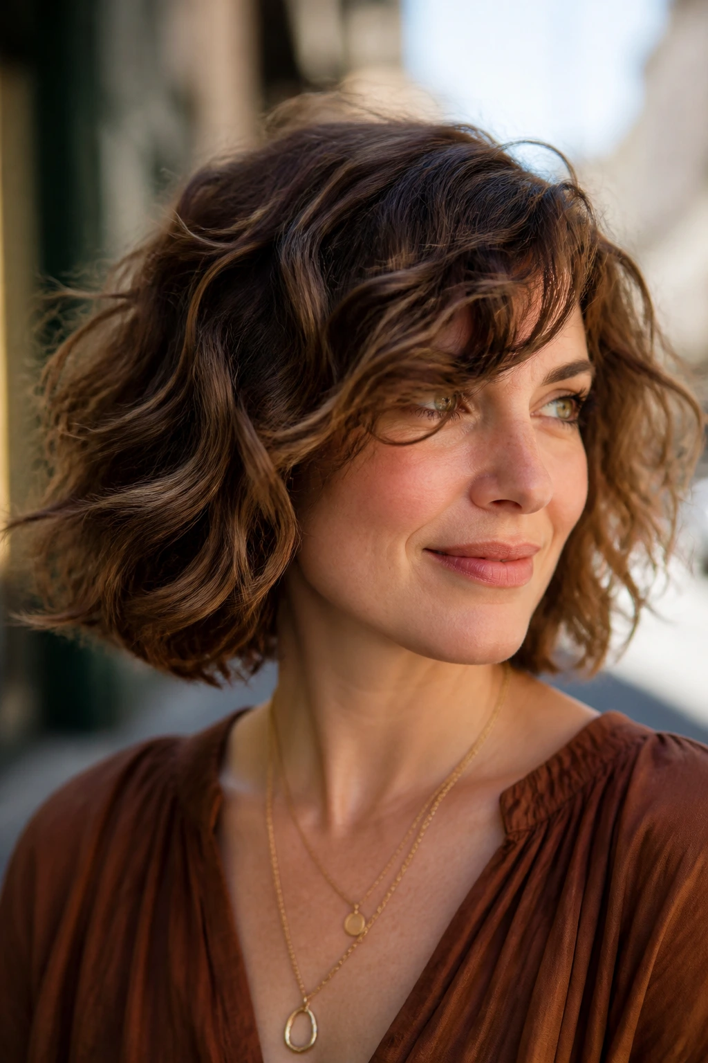 Close-up of a real woman with textured wavy bob showing swing in outdoor sunlit setting