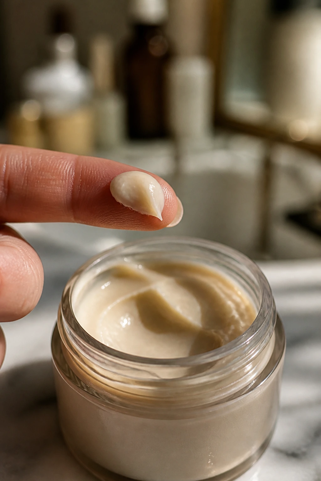 Macro shot of texturizing paste on fingertip with bathroom background