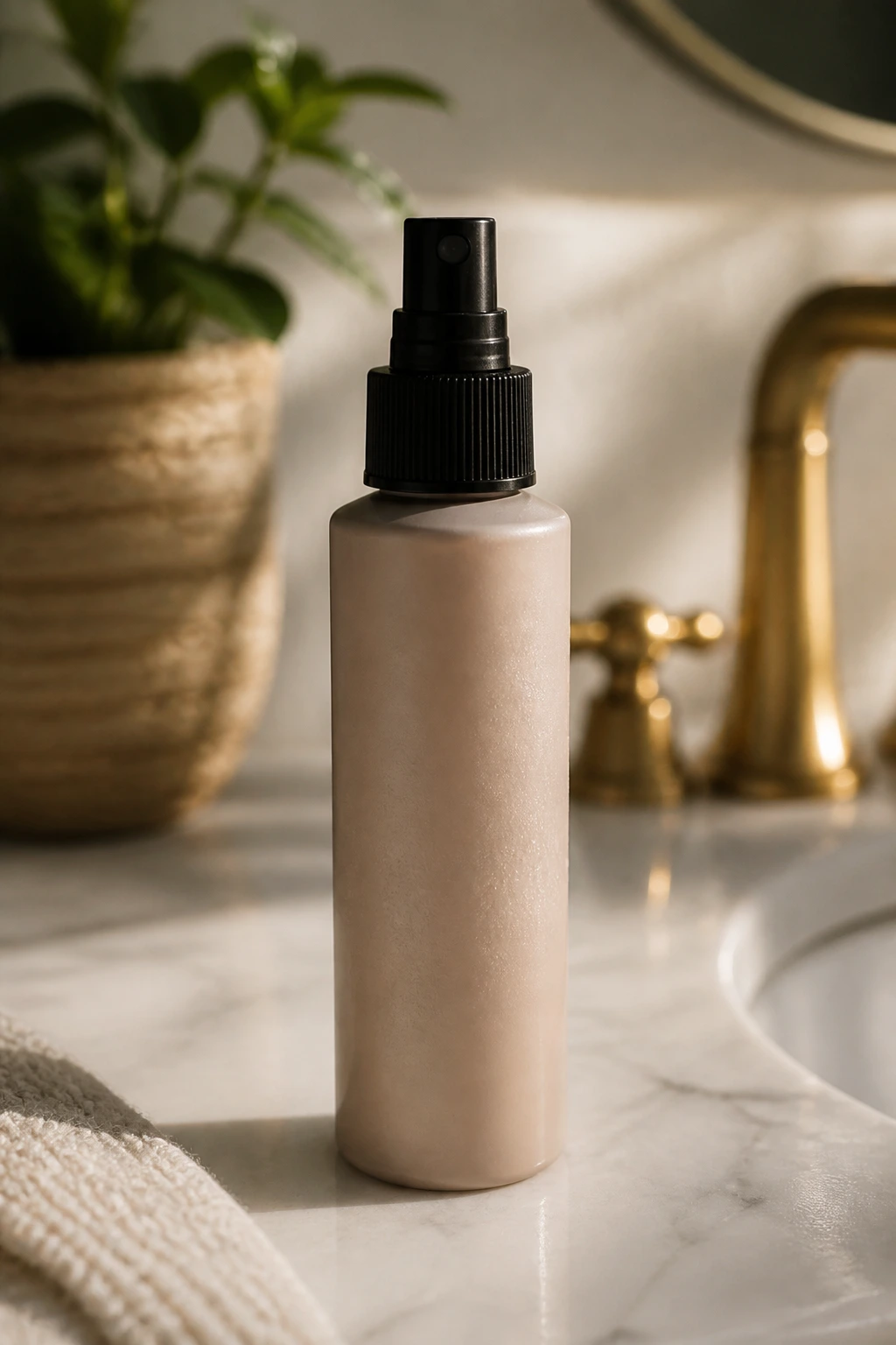 Close-up of texturizing spray bottle on a bathroom counter