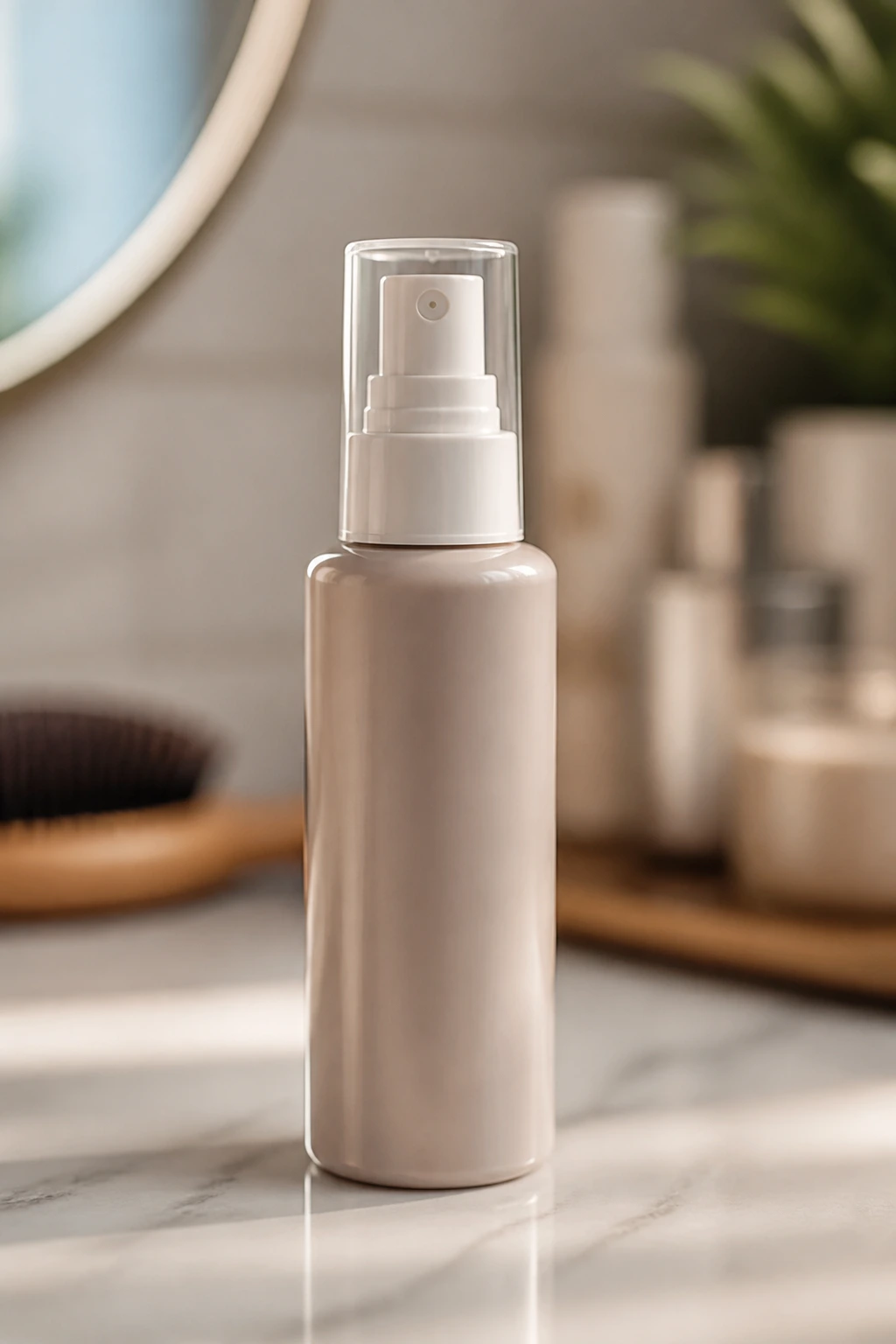 Close-up of a texturizing spray bottle on a bathroom counter.