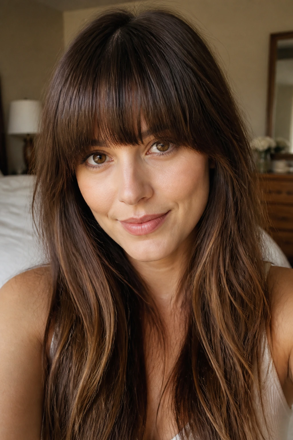 Close-up portrait of a real woman with thick bangs on a heart-shaped face under warm window light