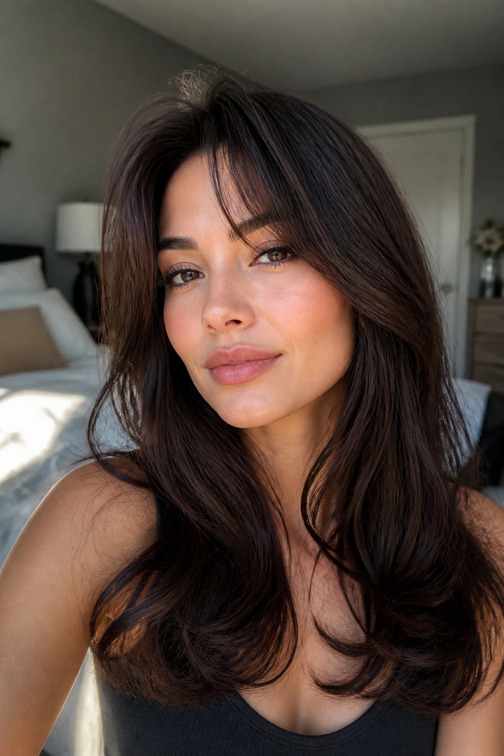 Close-up of thick bangs lifted off the forehead on a real person