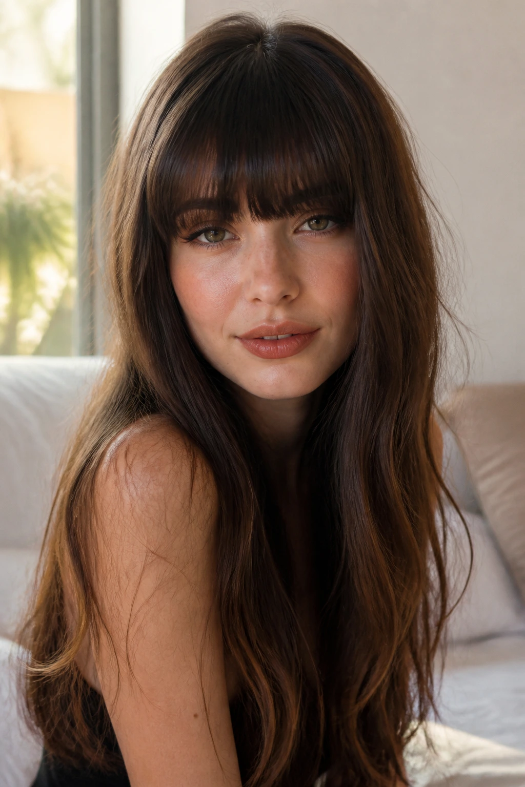 Close-up portrait of a real woman with thick bangs and long hair in warm window light