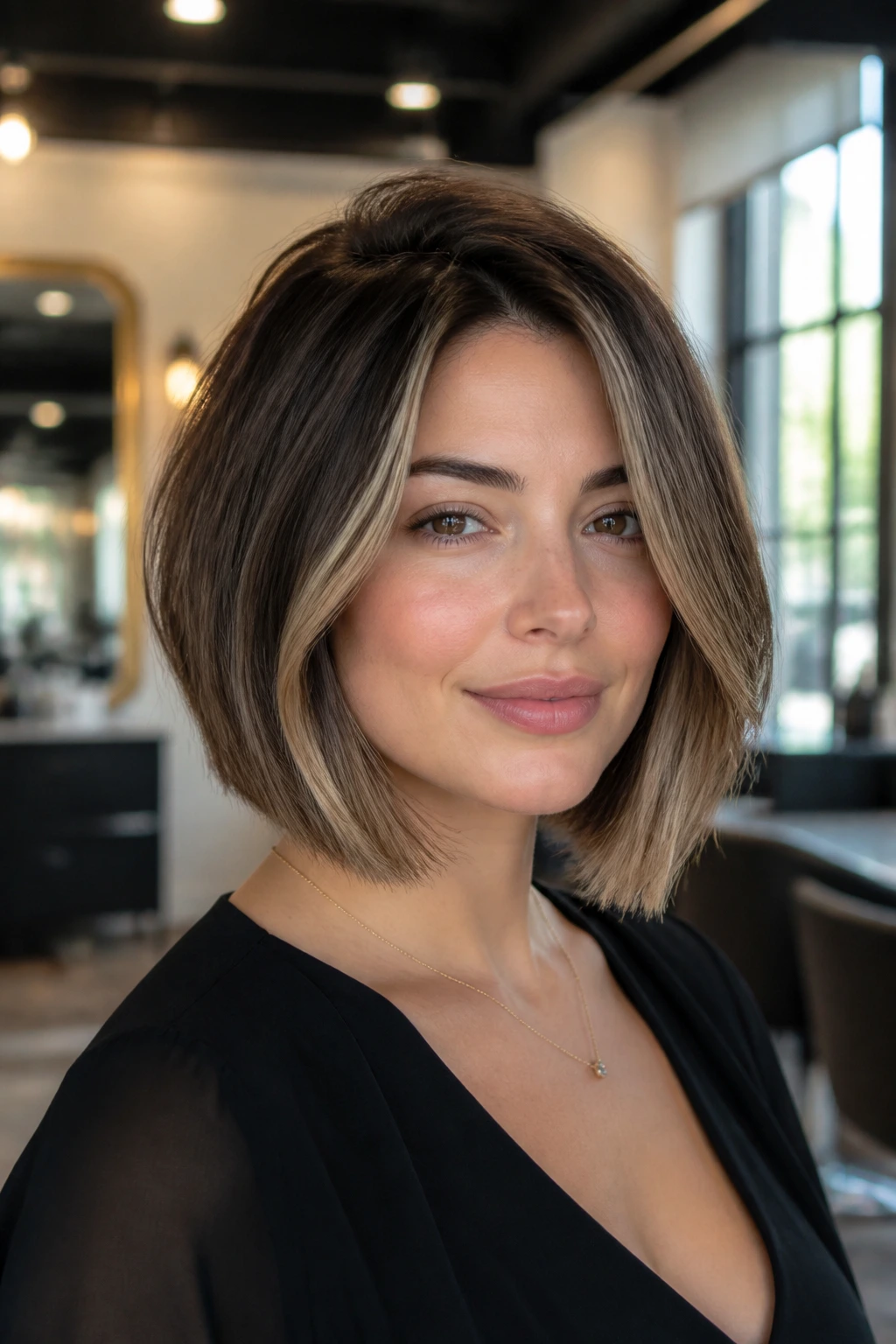Close-up portrait of a real woman with a thick bob flattering a round face and subtle money-piece highlights