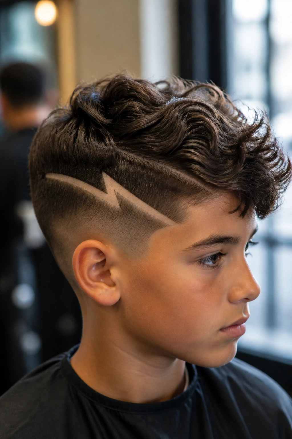 Portrait of a real boy with an undercut and thick lightning bolt.