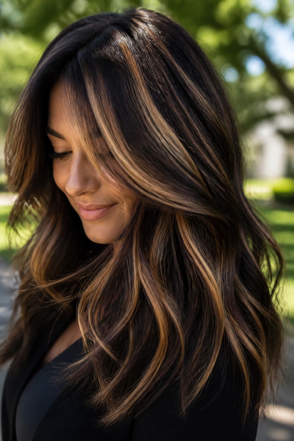 Thick brunette hair with chunky caramel ribbons