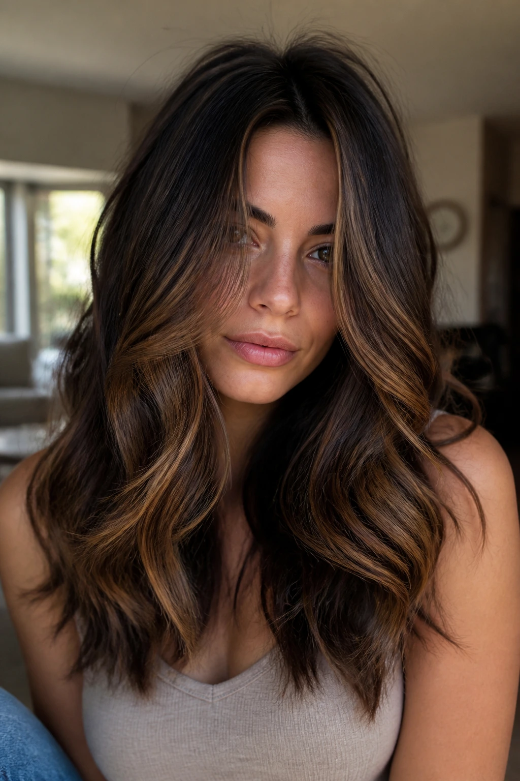 Close-up of thick brunette hair with blonde balayage around the face on a real person