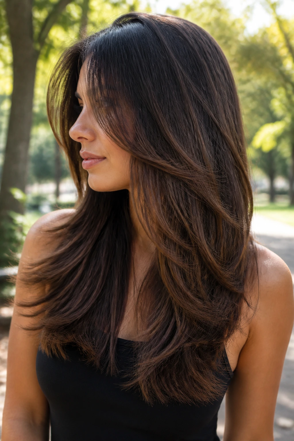 Profile of a woman with long feathered layers on thick straight hair in natural light