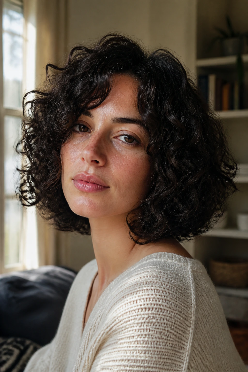 Close-up portrait of a real woman with a thick-curly dry-weight bob framing the jawline.