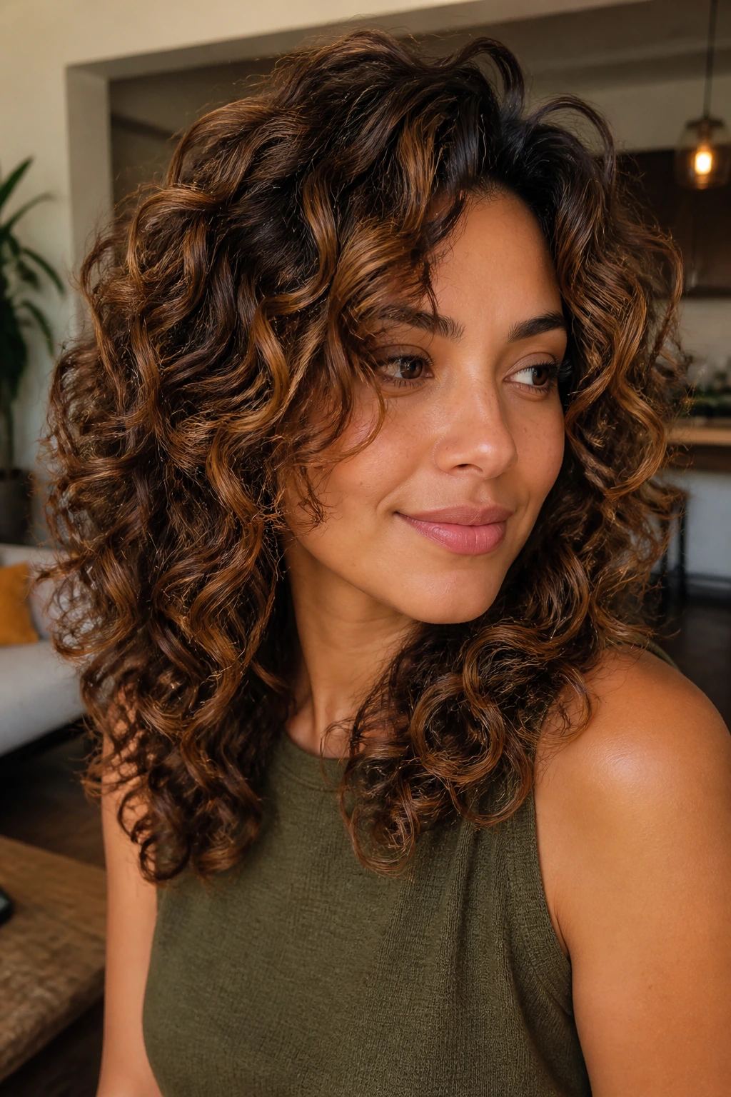 Close-up of thick curly hair with choppy layers and cocoa-caramel depth