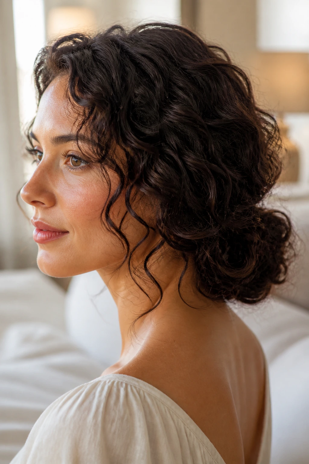 Close-up of a real woman with thick loose curls styled in a low chignon