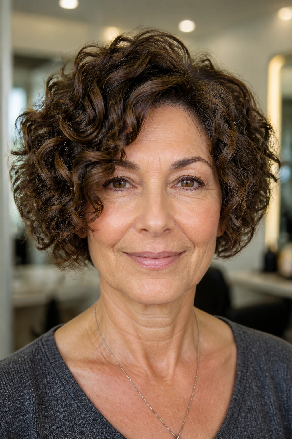 Close-up portrait of a real woman with a thick-curl control bob in a salon setting with soft lighting.
