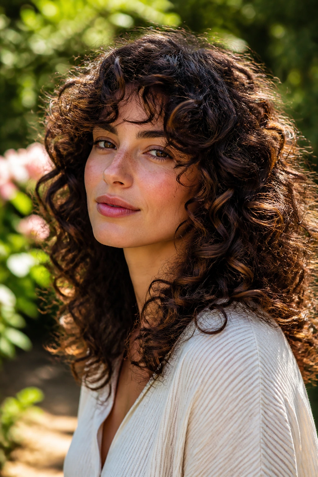 Medium close-up of a real woman with thick curls and long layers in a garden setting.