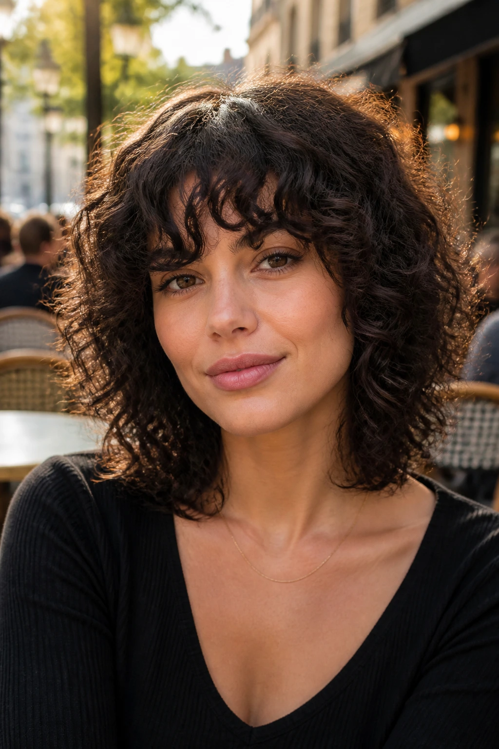 Close-up of a real person with Thick-Curl Shag Lob With Bulk Removal at a street cafe in golden hour light.
