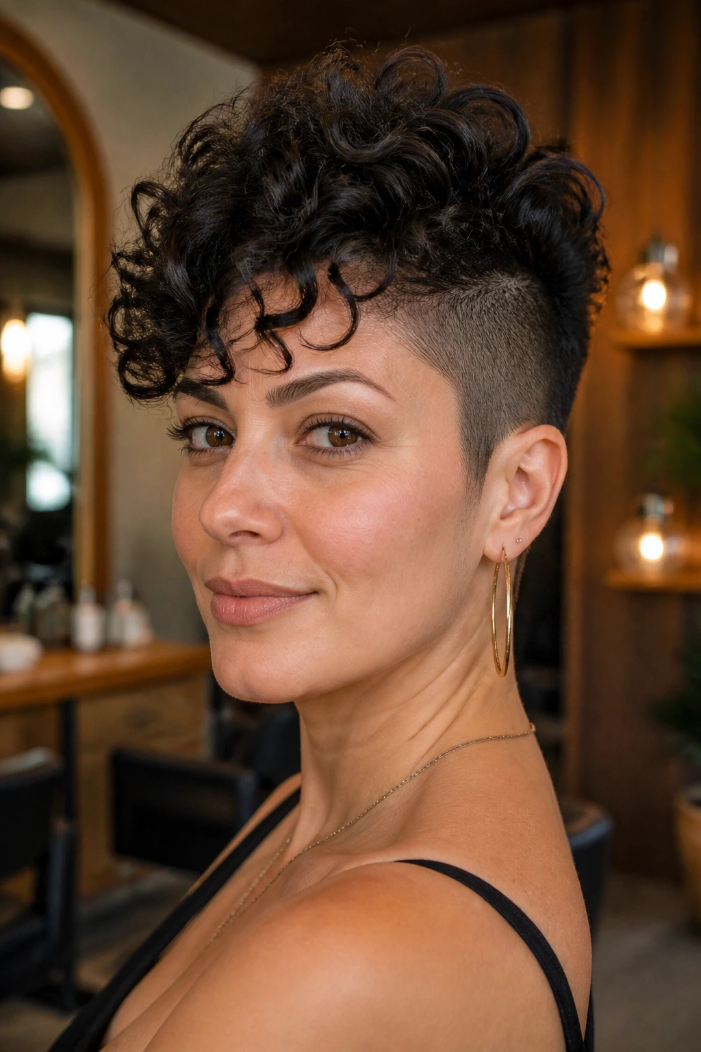 Close-up portrait of a woman with shaved sides and thick loose curls on top in a warm salon.