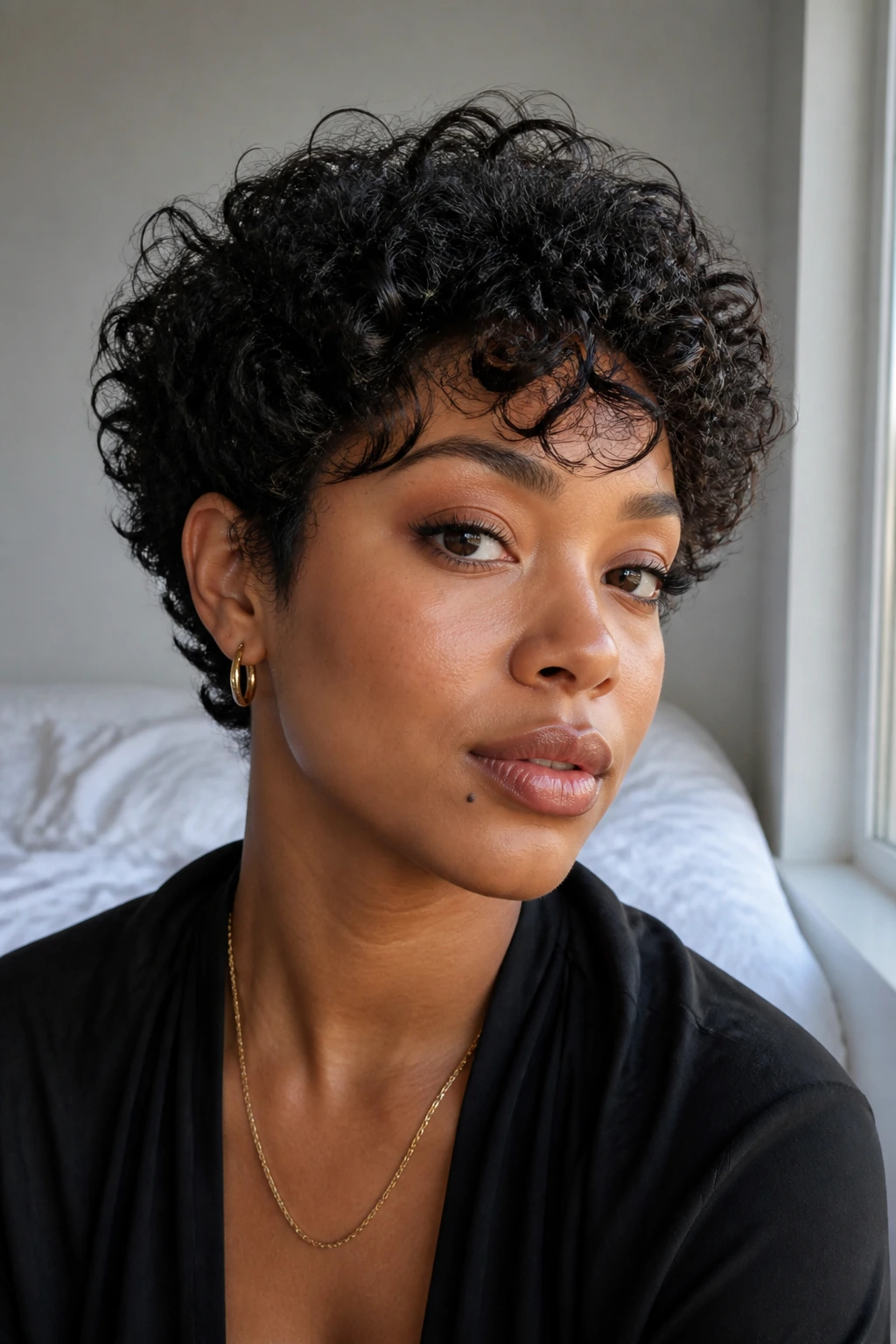 Close-up of a real woman with short thick loose curls in soft bedroom light