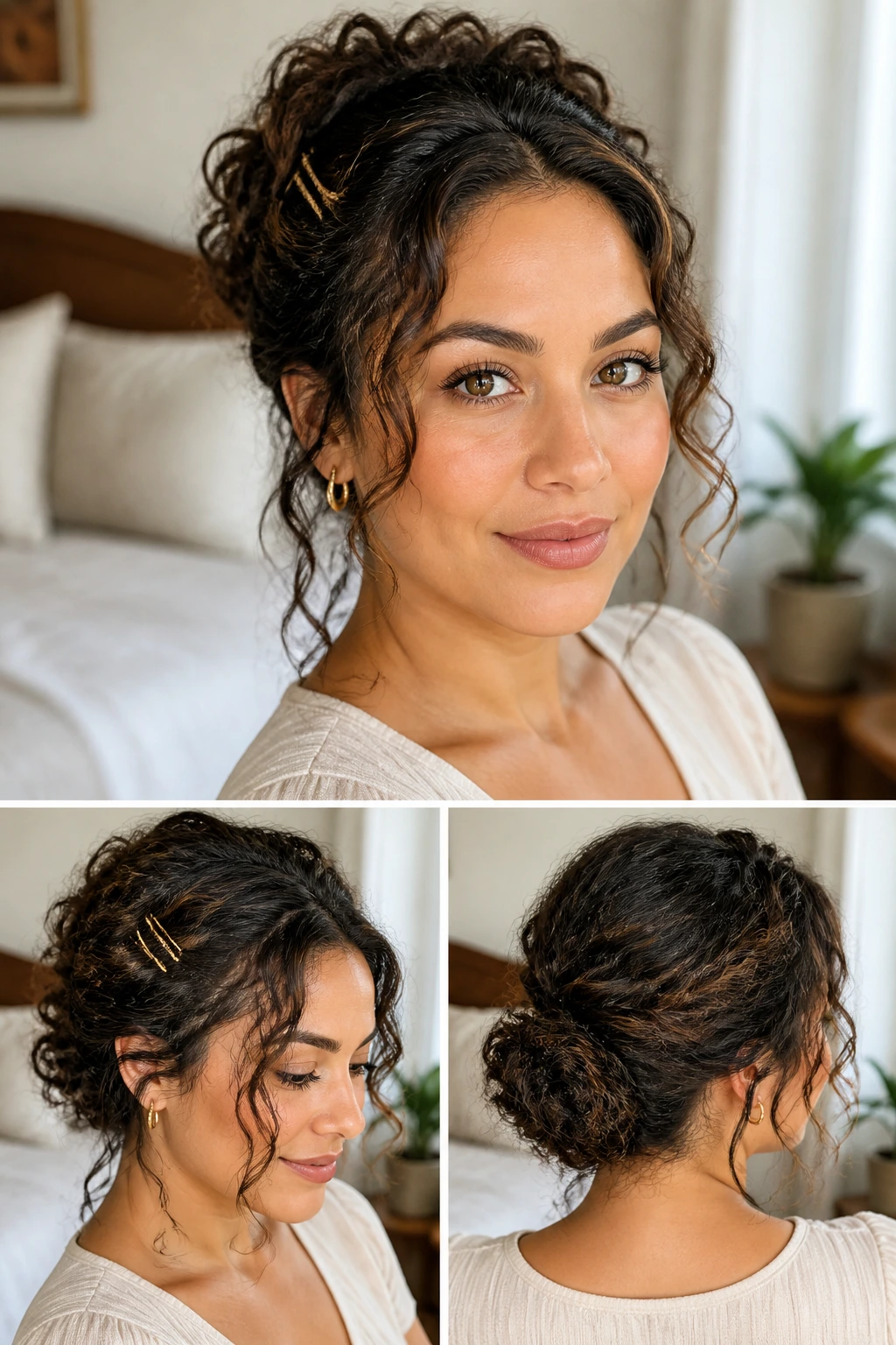 Close-up portrait of a real woman with thick, loose curls showing pinned variations