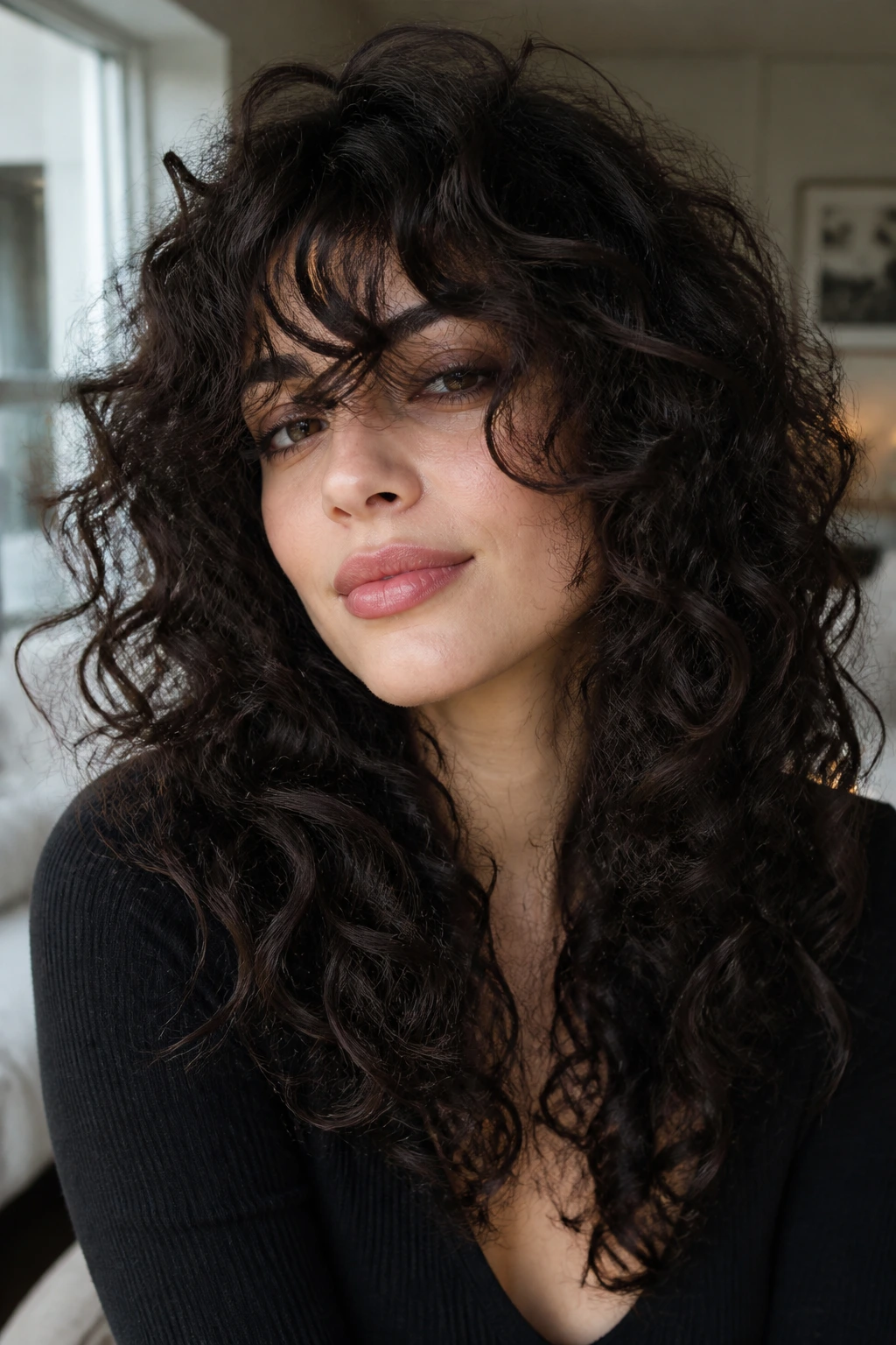 Close-up portrait of a real woman with thick curly angled layers and longer fringe