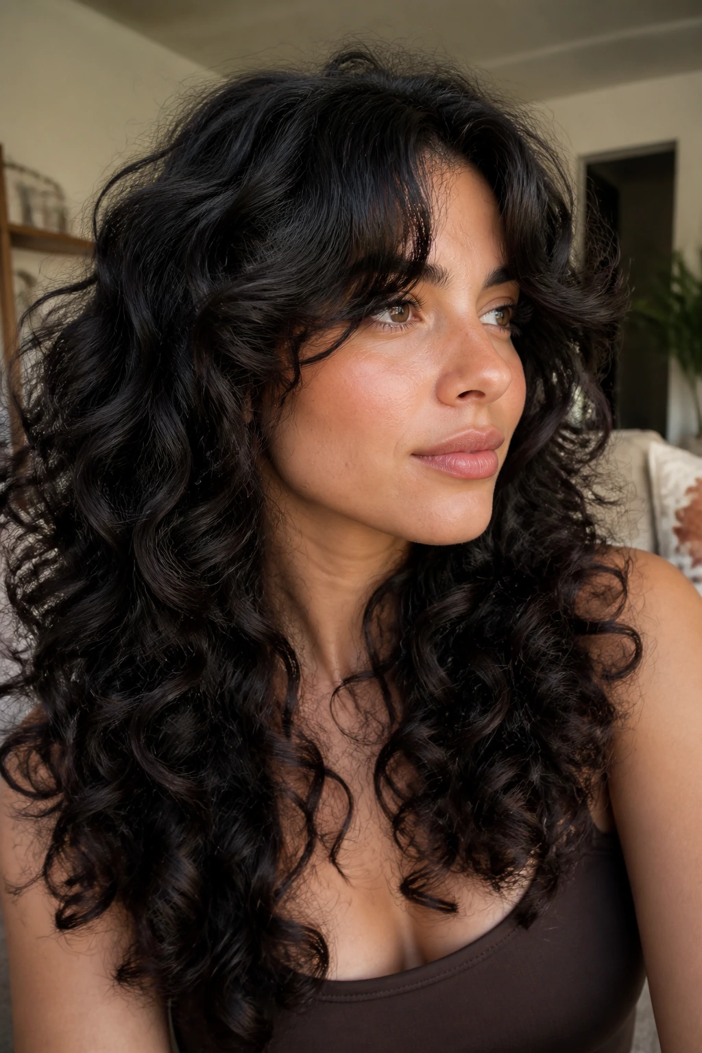 Close-up of a real woman with thick dark curls and weight removal shaping