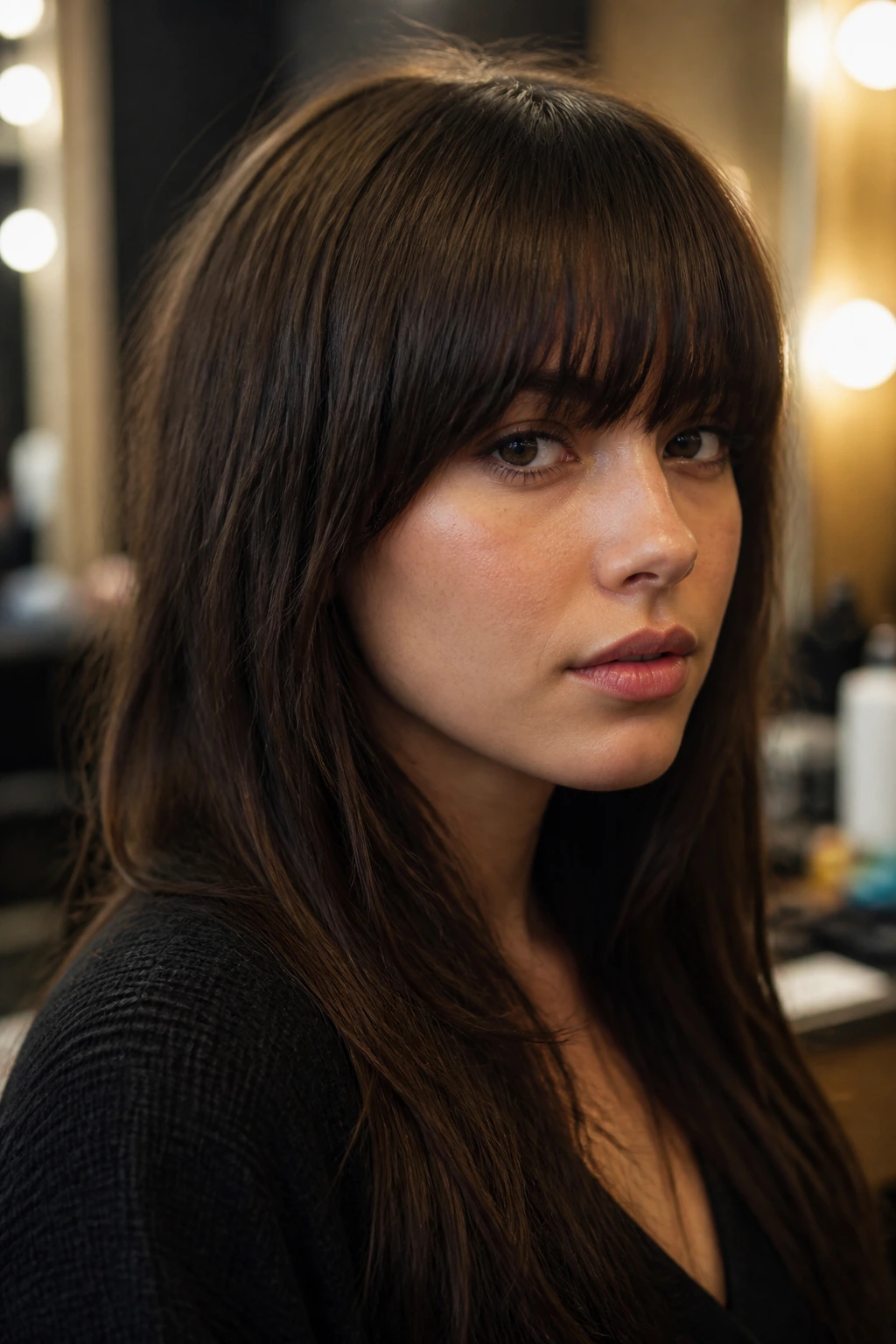 Close-up portrait of a woman with thick fringe and hidden layering