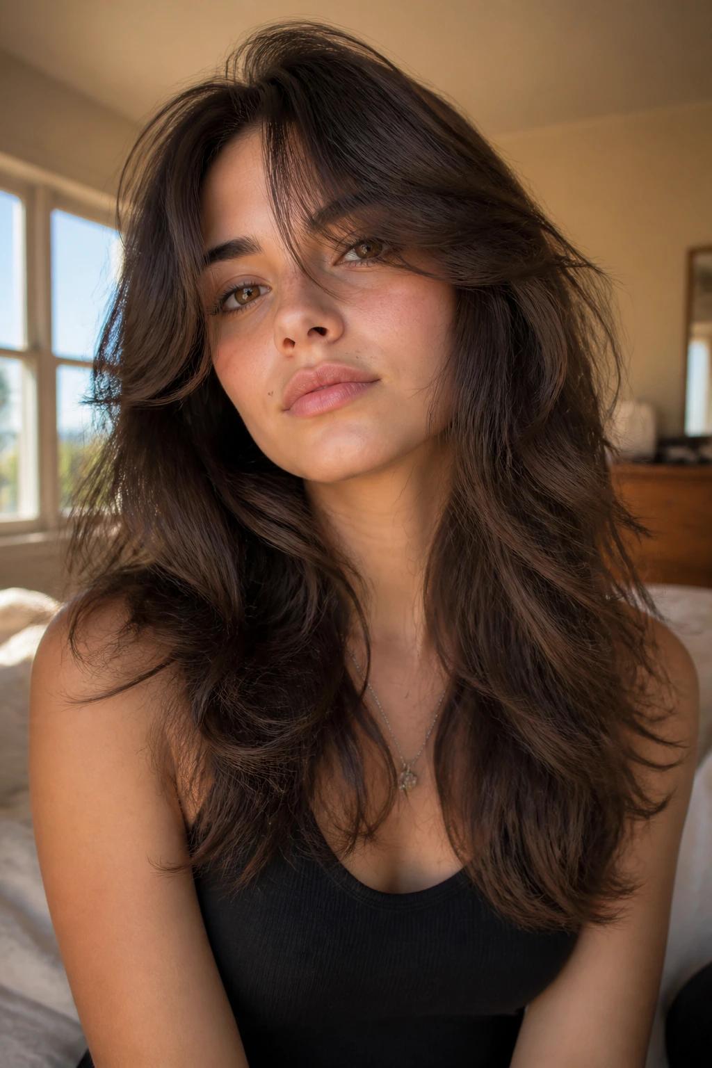 Close-up portrait of a real person with thick hair styled in a soft 80s look