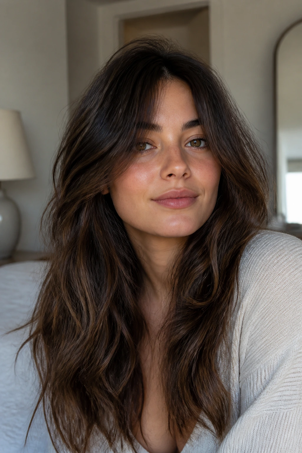 Close-up portrait of a real woman with thick hair in an air-dry variation setting