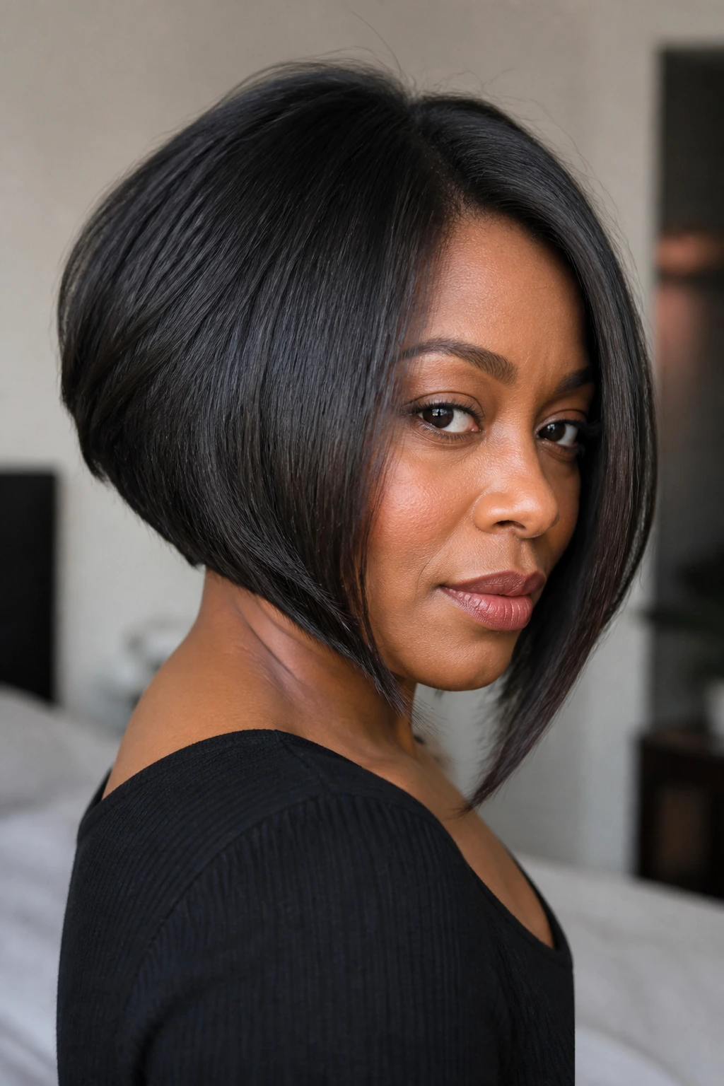 Portrait of a real woman with a thick angled bob showing loss of angle