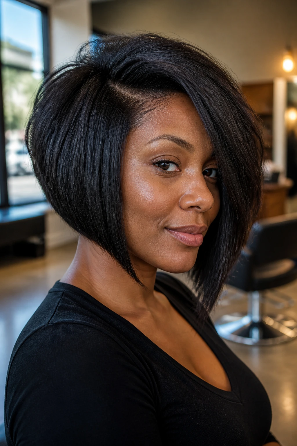 Close-up portrait of a real Black woman with a thick angled bob, showing lift and density in a salon setting