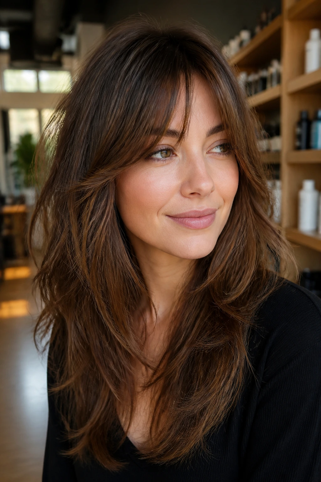 Close-up portrait of a real woman with thick angled layered hair and bangs.