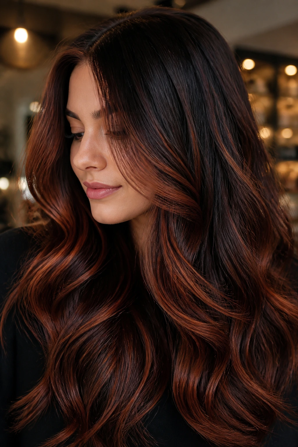 Close-up portrait of thick hair with standout auburn highlights in warm salon lighting