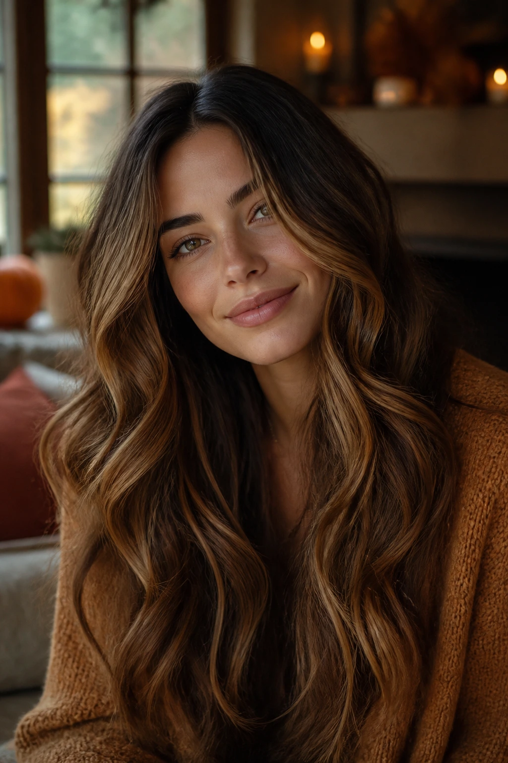 Portrait of thick hair with fall-toned babylights on a real person