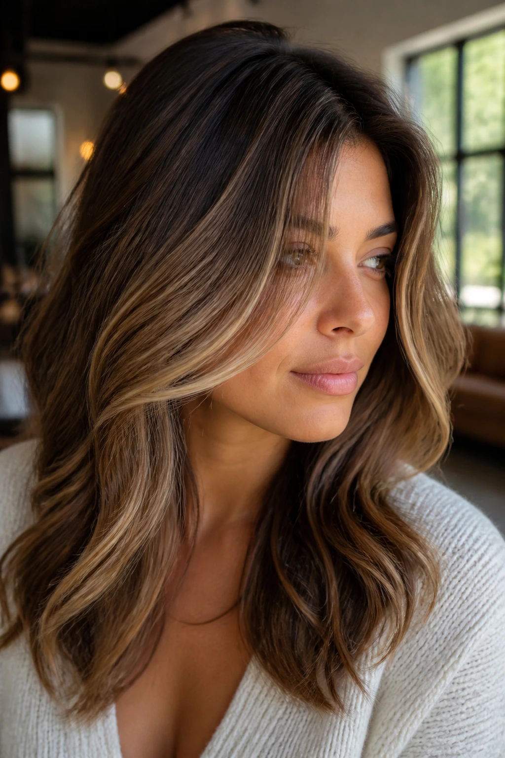 Close-up portrait of a person with thick hair and babylights showing movement