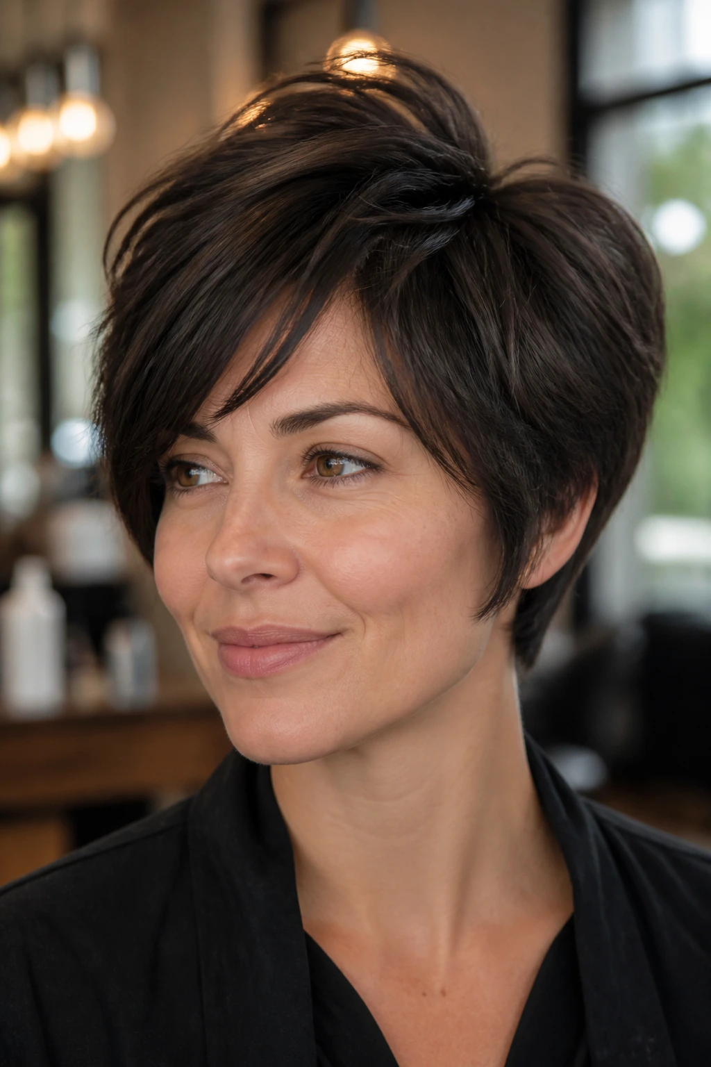 Close-up portrait of a woman with a thick layered haircut showing balanced shape in a salon setting