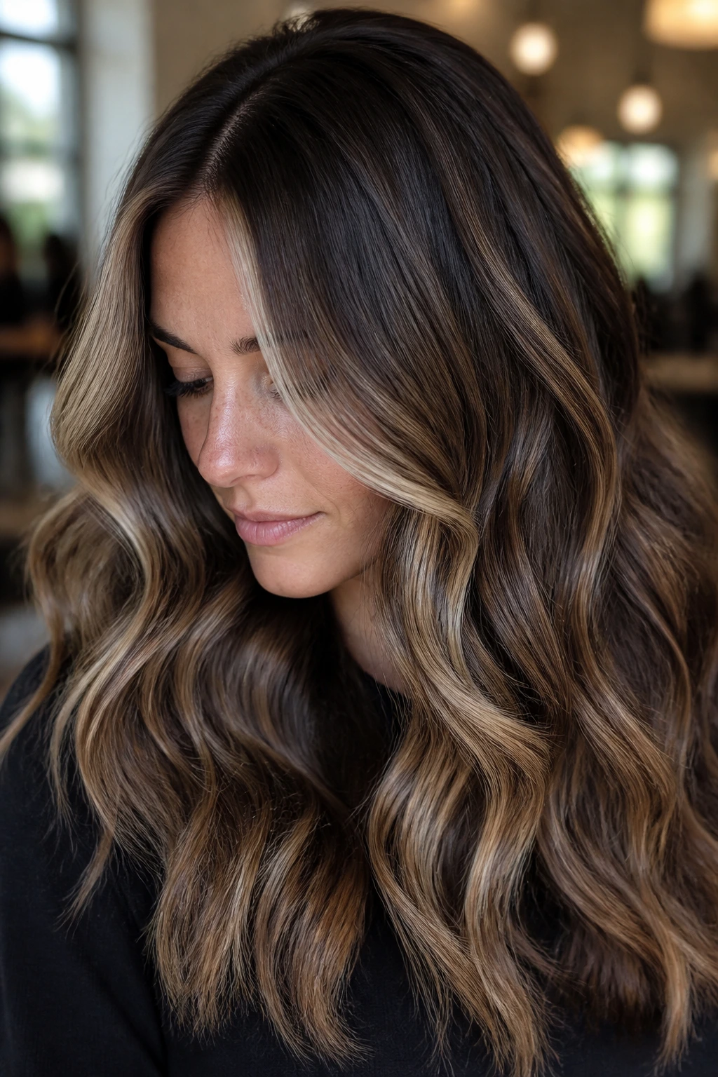 Real woman with thick hair showing root and mid-length blonde balayage around the face
