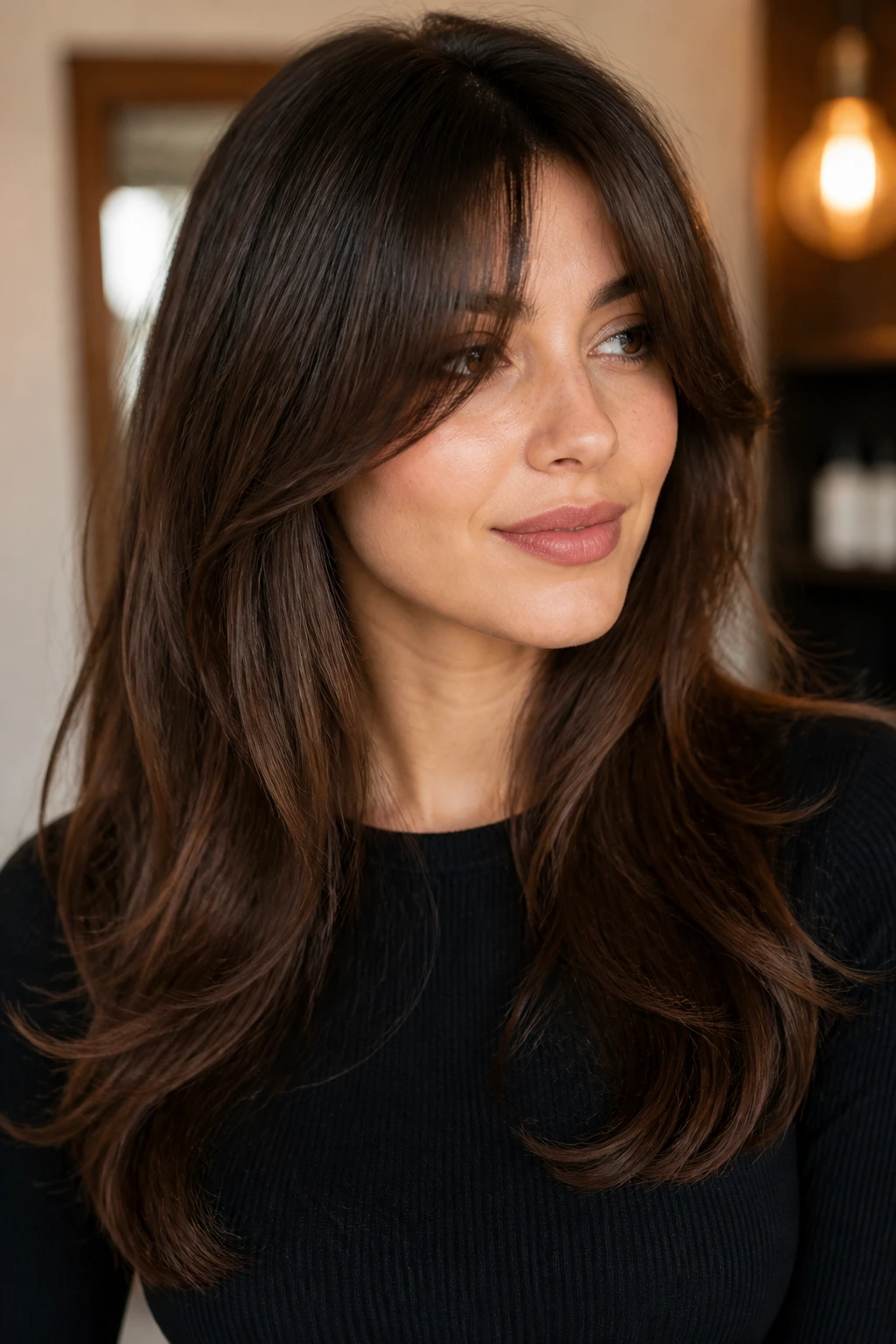 Real woman with long bangs for thick hair showing tapered edges around brow