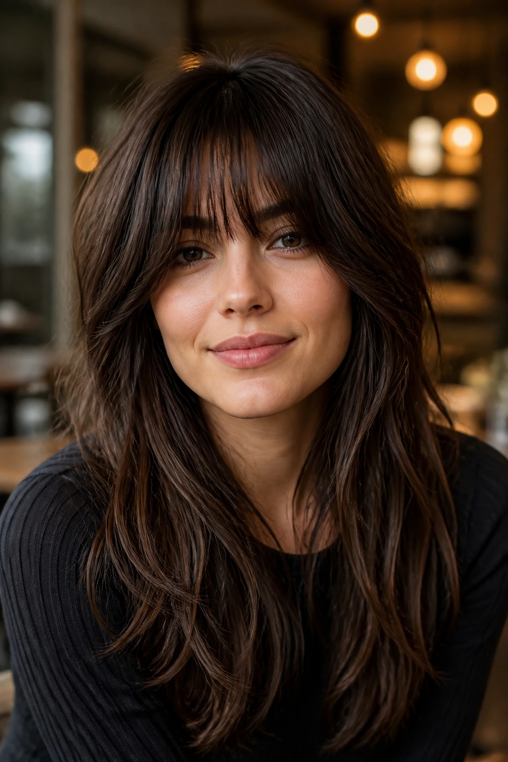 Medium close-up of a real person with thick hair and piecey bangs in a cafe-like setting